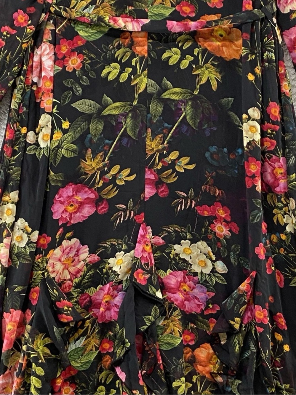 Floral Black Long Sleeve Ruffle Wrap Dress - Picture 5 of 13